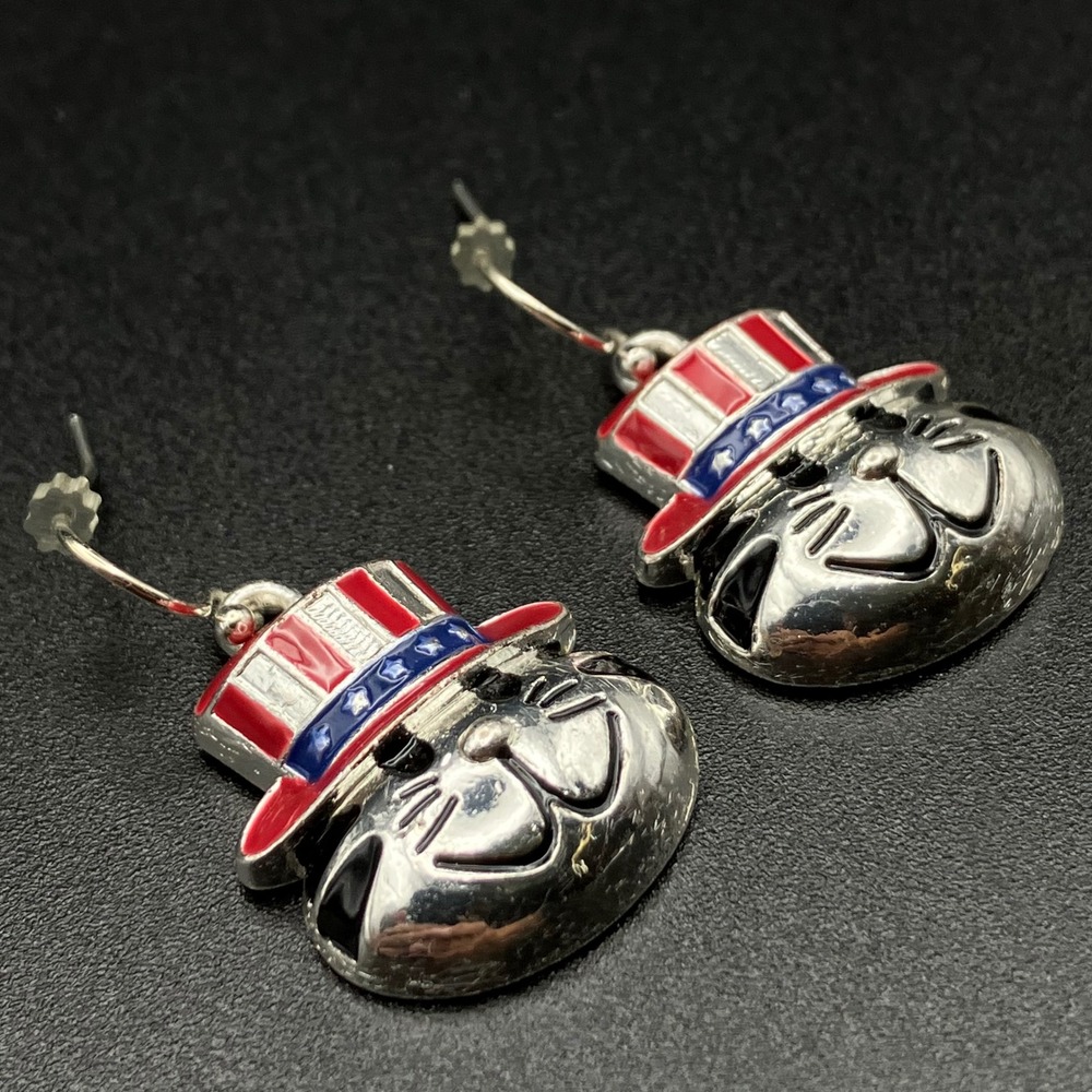 Patriotic Cat Drop Earrings Silver Tone Uncle Sam Hat Red White Blue Americana - Picture 2 of 7
